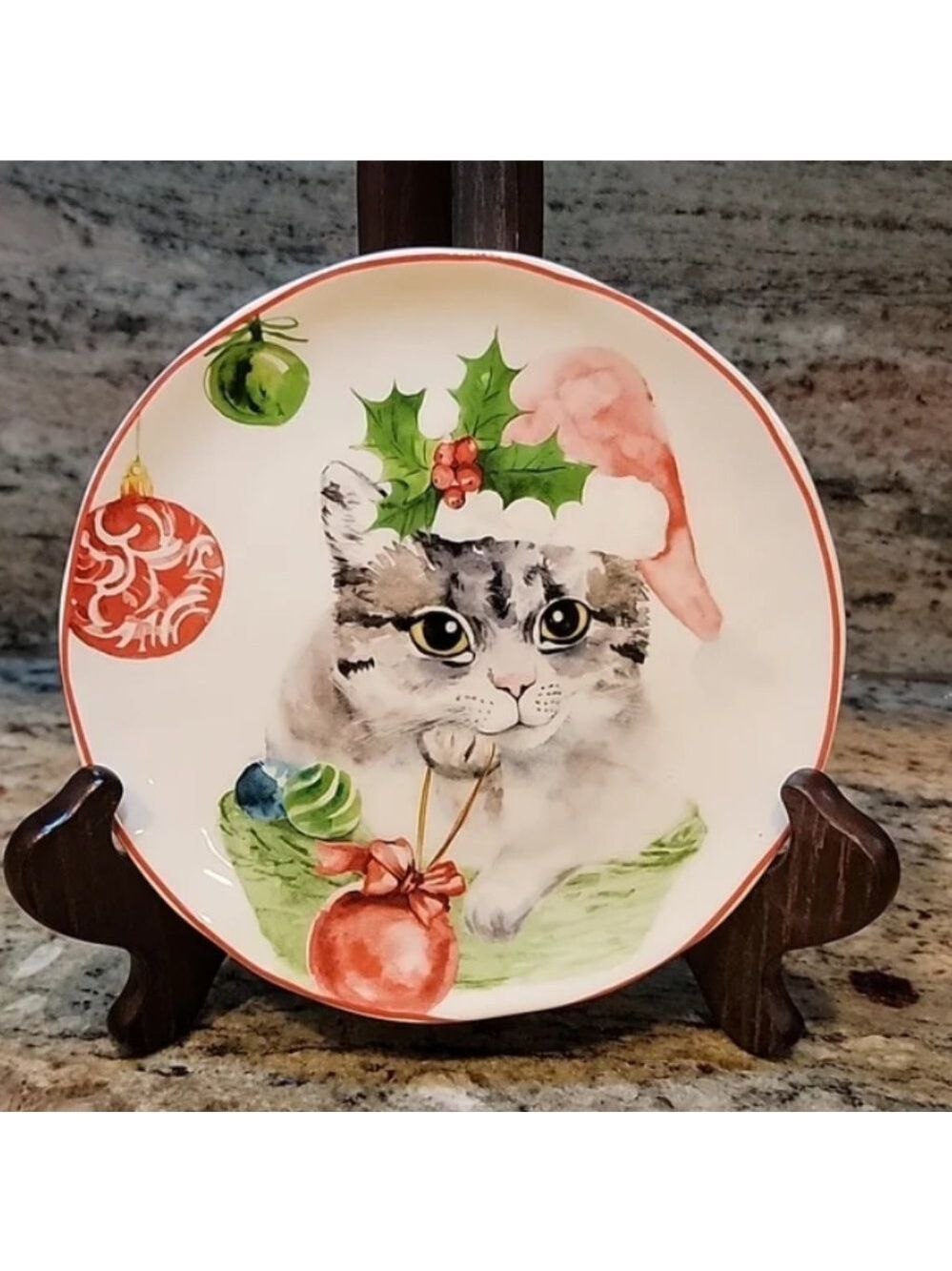 Sleigh Bell Bistro Plate silver gray Tabby Cat with Santa hat & ornament